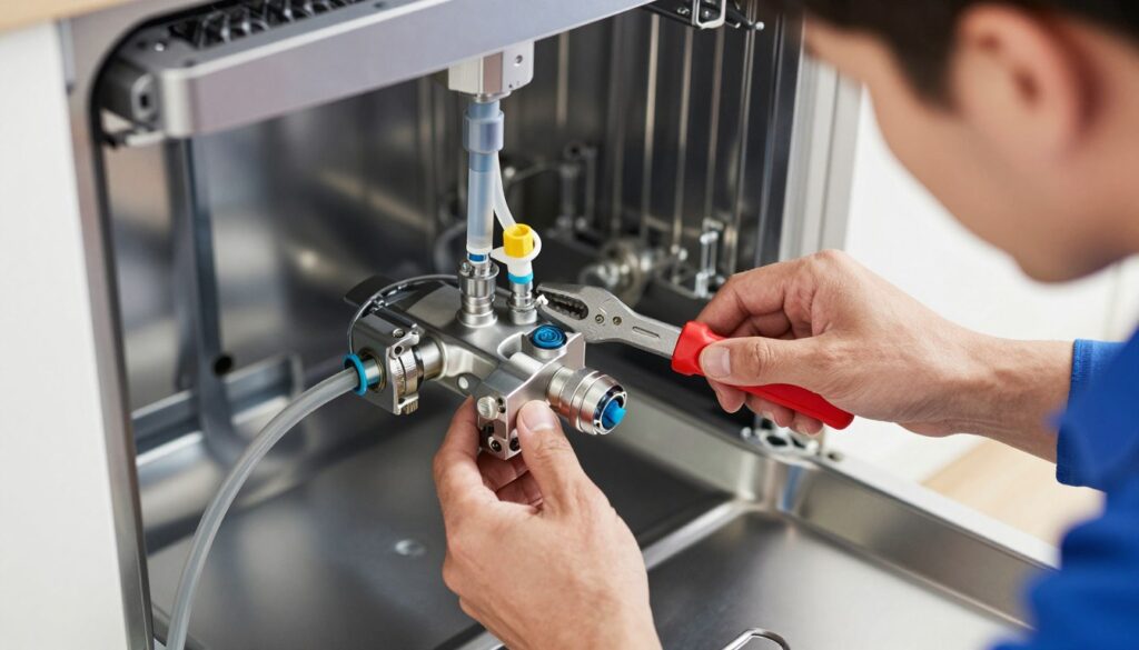 Technicien installant une électrovanne sur lave-vaisselle