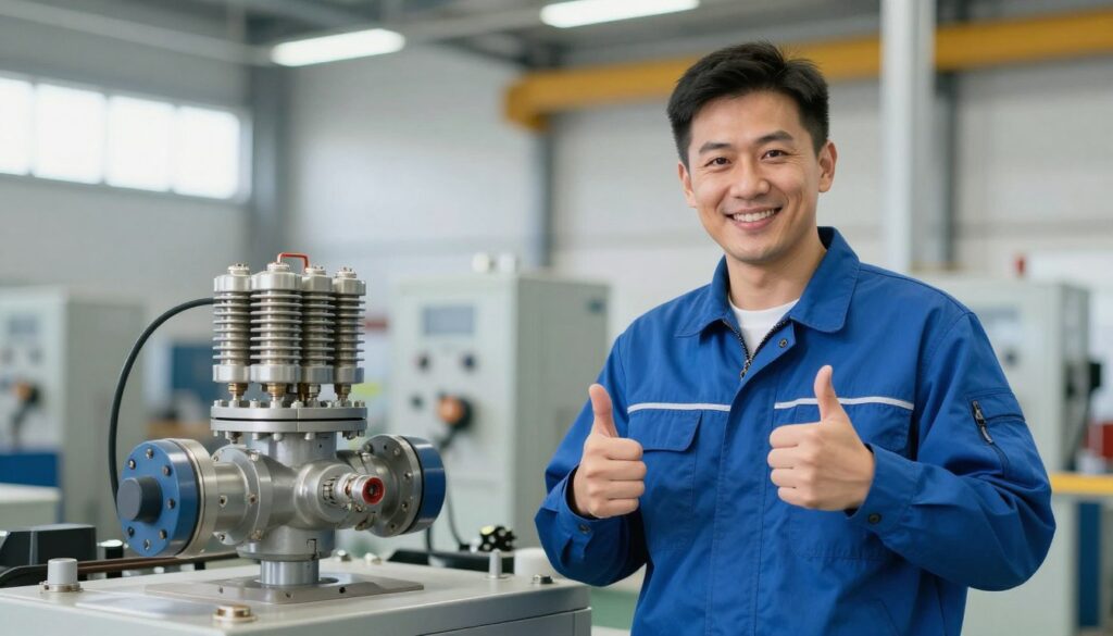 Technicien satisfait après réparation réussie électrovanne système industriel Technicien satisfait après réparation réussie électrovanne système industriel