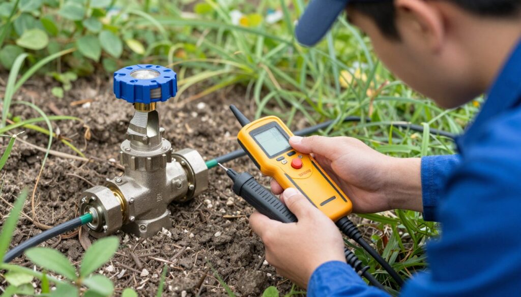 Technicien utilisant un testeur sans contact pour diagnostiquer une électrovanne d'irrigation Technicien utilisant un testeur sans contact pour diagnostiquer une électrovanne d'irrigation