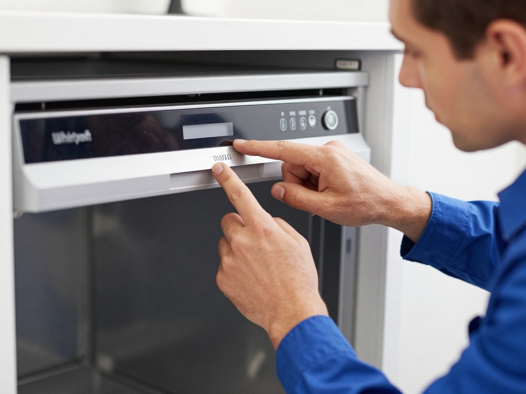 Technicien vérifiant une plaque signalétique de lave-vaisselle Whirlpool