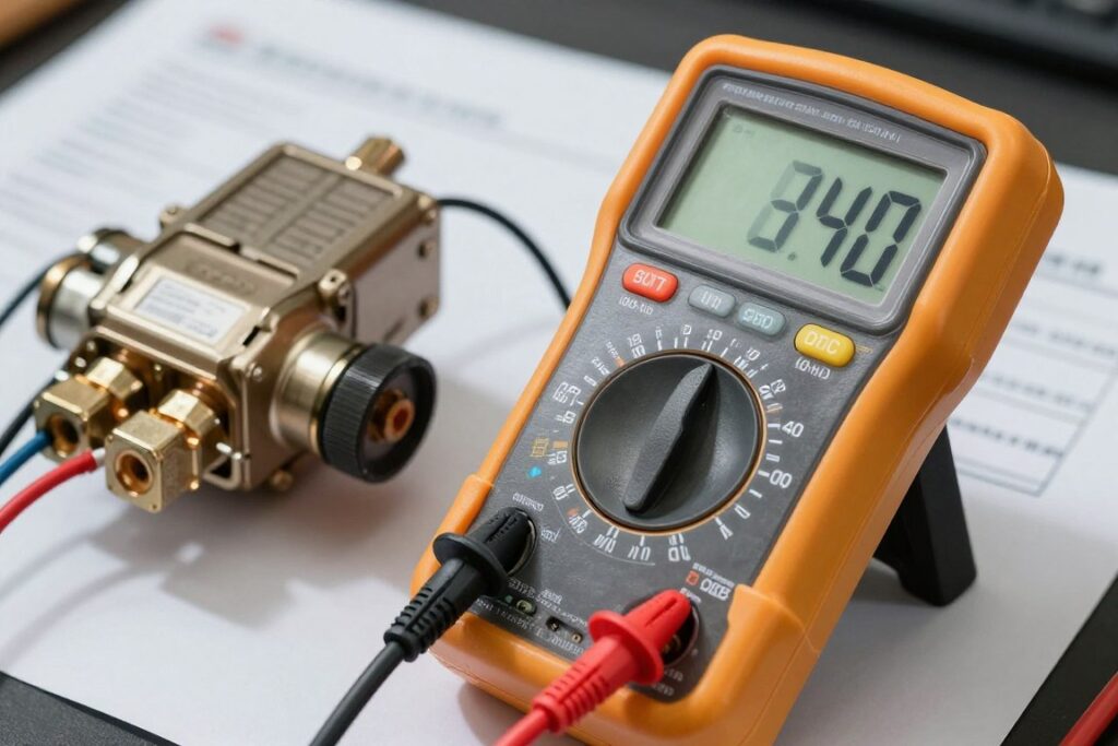 Tests électriques sur électrovanne canister avec multimètre digital professionnel