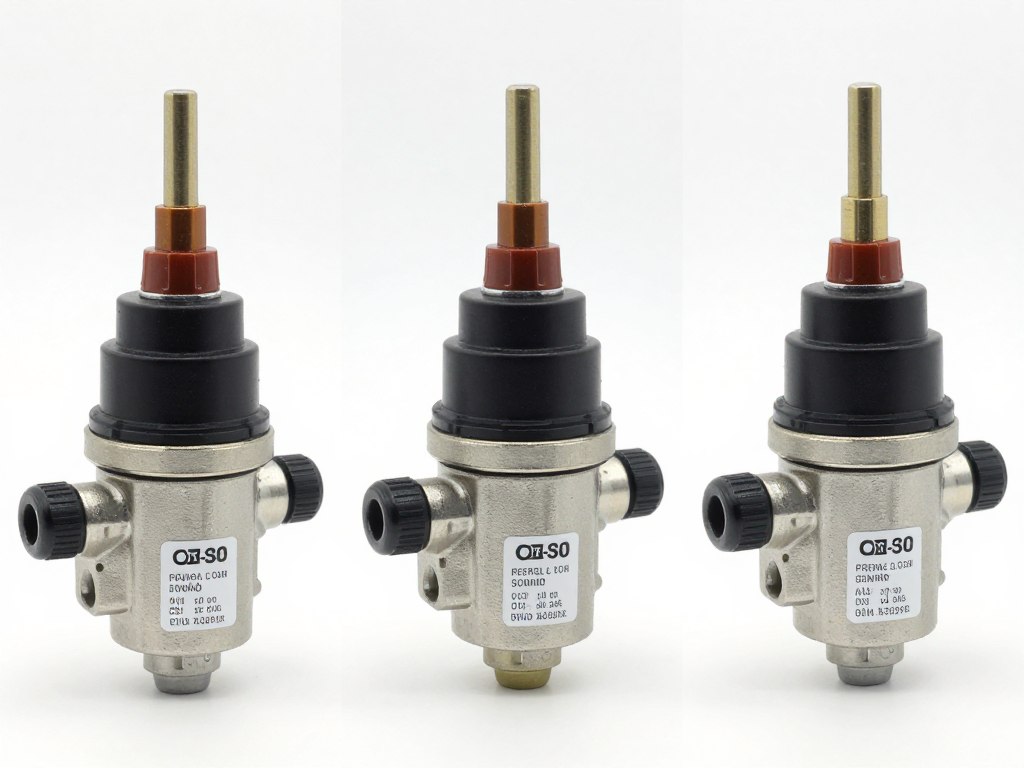 Trois types électrovannes transmission côte à côte avec étiquettes techniques