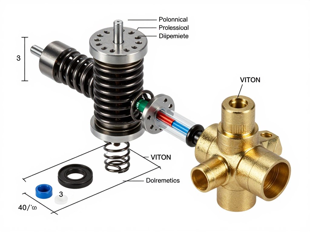 Vue éclatée des composants internes d'une électrovanne professionnelle avec bobine, noyau, membrane VITON et corps en laiton Vue éclatée des composants internes d'une électrovanne professionnelle avec bobine, noyau, membrane VITON et corps en laiton