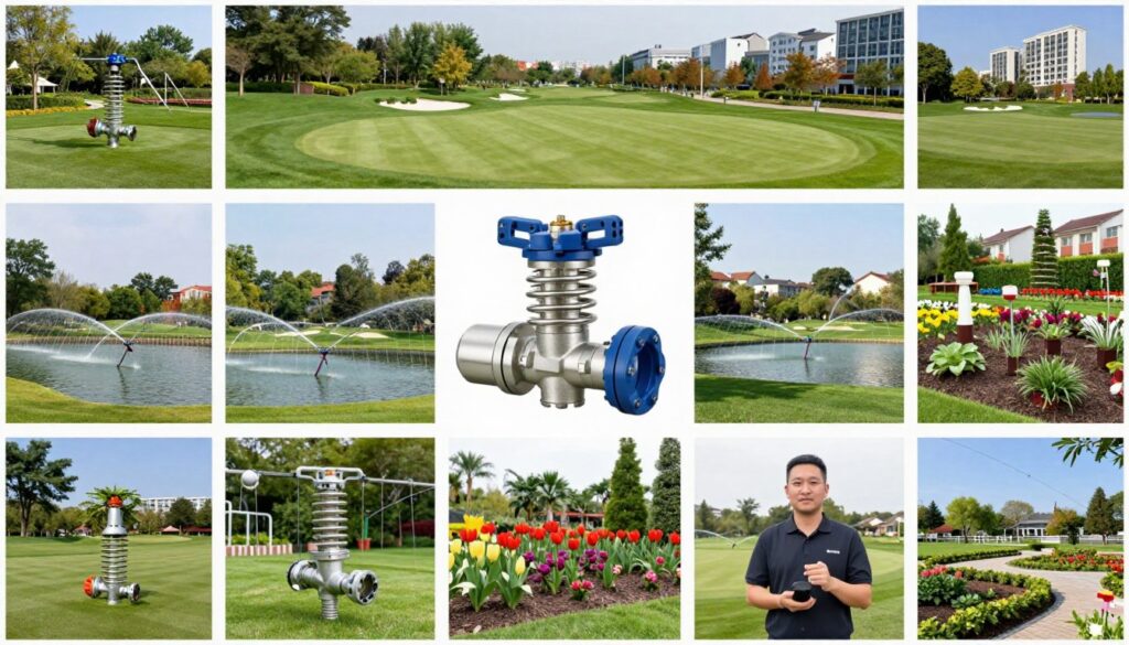 collage montrant différentes applications d'électrovannes : agriculture, golf, espaces verts urbains