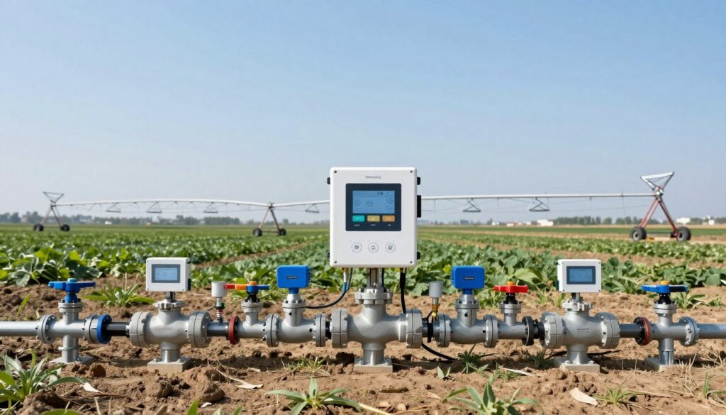grand système d'irrigation agricole avec multiples électrovannes connectées à un contrôleur central