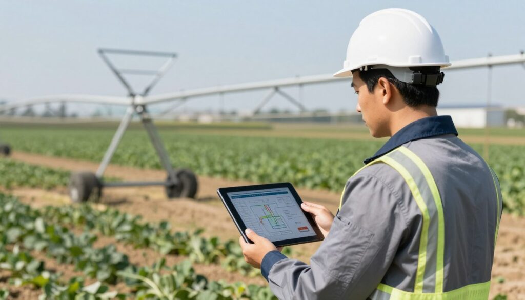 ingénieur consultant une tablette avec schémas de système d'irrigation devant un champ agricole