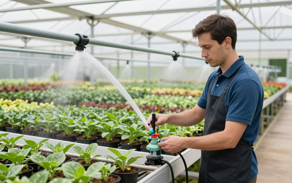 pépinière professionnelle avec système d'irrigation automatisé par électrovannes