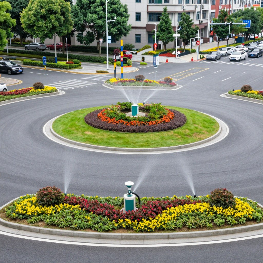 rond-point urbain avec massifs fleuris et arrosage automatique