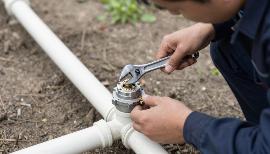 technicien installant une électrovanne sur réseau d'irrigation avec outils professionnels