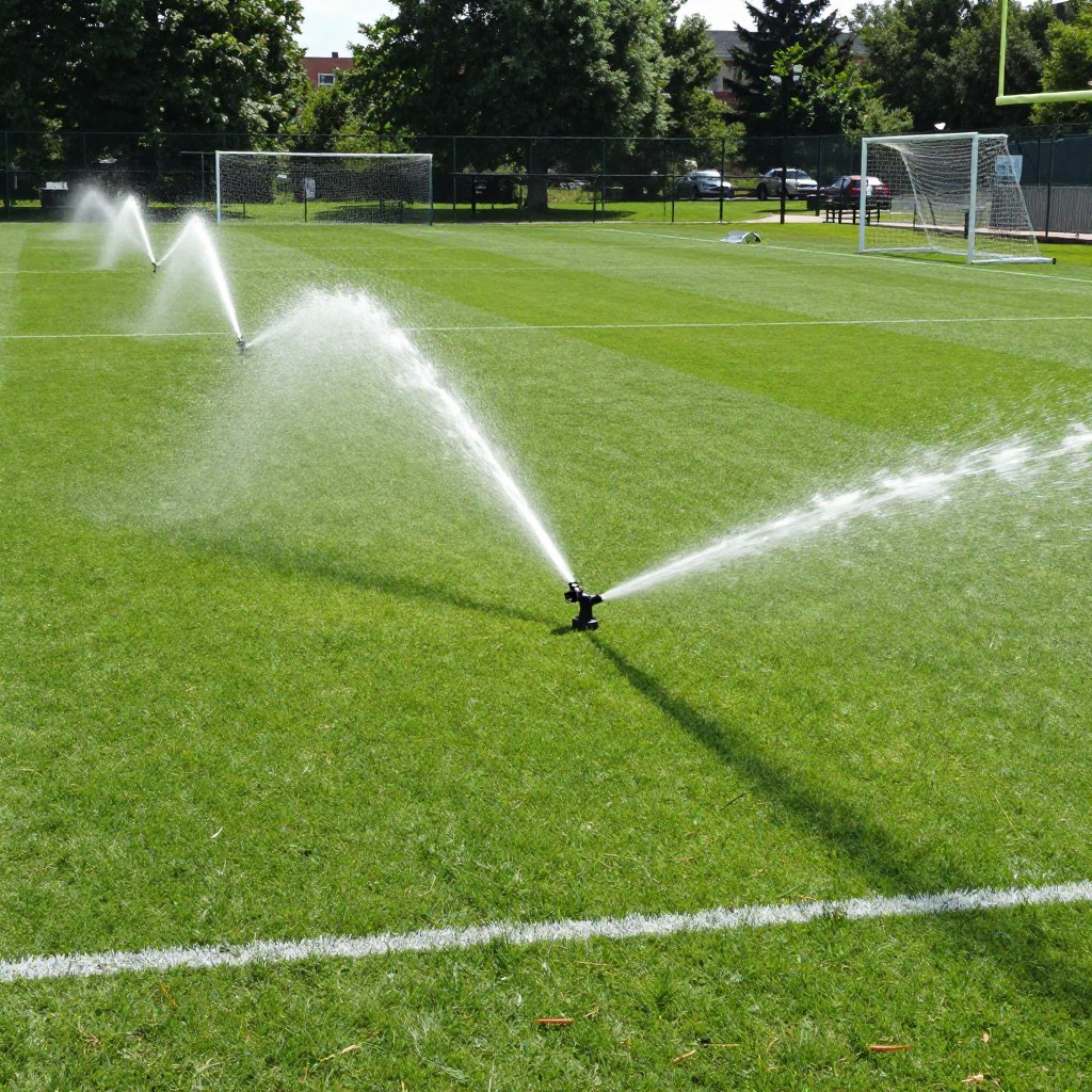 terrain de football municipal avec système d'arrosage professionnel