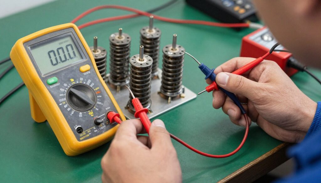 Technicien effectuant test de résistance sur bobine électrovanne avec multimètre